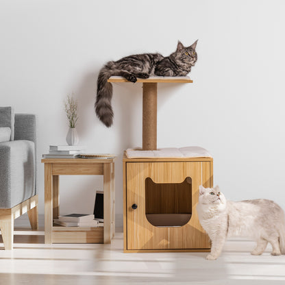 Wooden Cat House with Cat Bed Hidden Cat Washroom Furniture Cat Tree with Scratching Post Cat Litter Box Enclosure